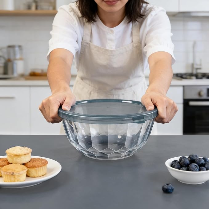 Thick Glass Mixing Bowls with Airtight Lids Set, 5-Piece Nesting Bowls for Baking & Meal Prep, BPA Free, Dishwasher Safe, 0.5/0.8/1.6/2.7/4.4 Quart - Gray