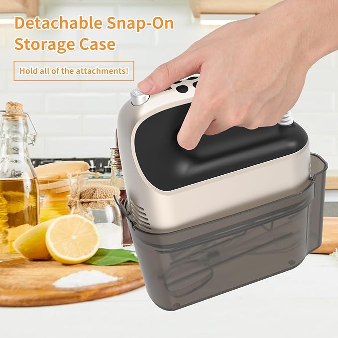 9-Speed Digital Hand Mixer Electric, 400W Powerful DC Motor, Hand Mixer Electric Handheld with Snap-On Storage Case, 5 Stainless Steel Accessories, Beaters, Dough Hooks, Whisk(Champagne Gold)