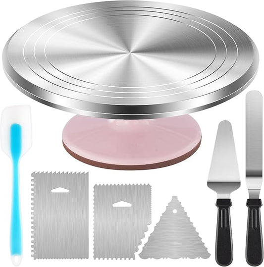 Kootek Aluminium Cake Turntable Set, Baking Tools with Revolving 12" Cake Stand for Decorating, 12.7" Offset Spatula, 3 Stainless Steel Frosting Icing Smoother, Cake Serve Cake Decorating Kit Supplies