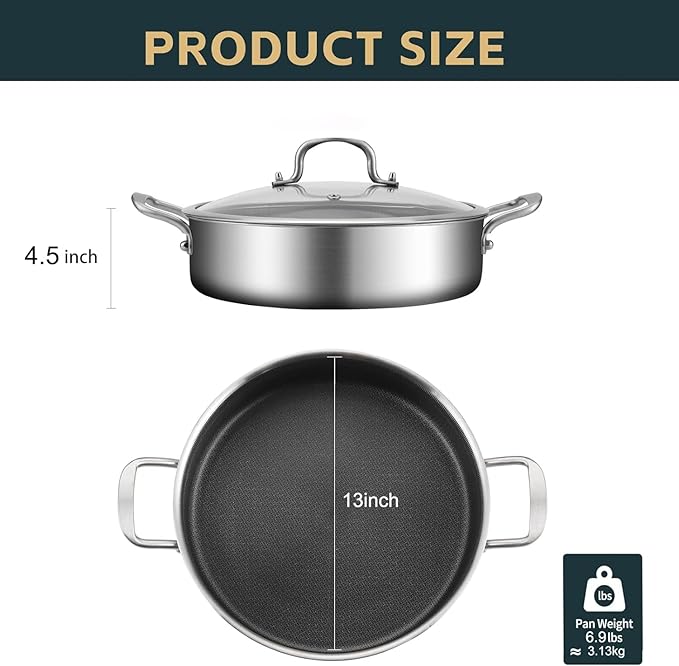 8-Quart Tri-Ply 18/10 Stainless Steel Saute Pan 13-Inch Nonstick Skillet with Lid, Even Heat, Induction Ready, Dishwasher & Oven Safe