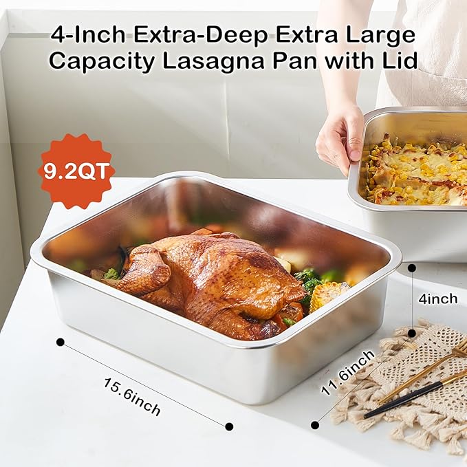 4 Inch Extra Deep Lasagna Pan with Lid, 11.6x15.6 Inch 9.2QT Large Stainless Steel Nonstick Lasagna Baking Roasting Dish Pan for Oven(L, 1 Pack)