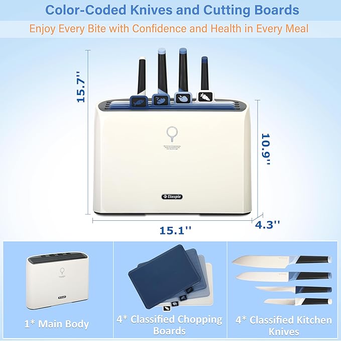 Smart Cutting Board and Knife Set,Self Cleaning Cutting Board and Knife Set with 4 Stainless Steel Knives,4 Color Coded Cutting Boards