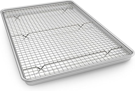 Half Sheet Pans with Rack Set, 13 Inch Commercial Quality Baking Sheet Pan Set, Natural Aluminum Cookie Sheet, Warp Resistant Nonstick Thick Cookie Tray Pans for Baking, Roasting