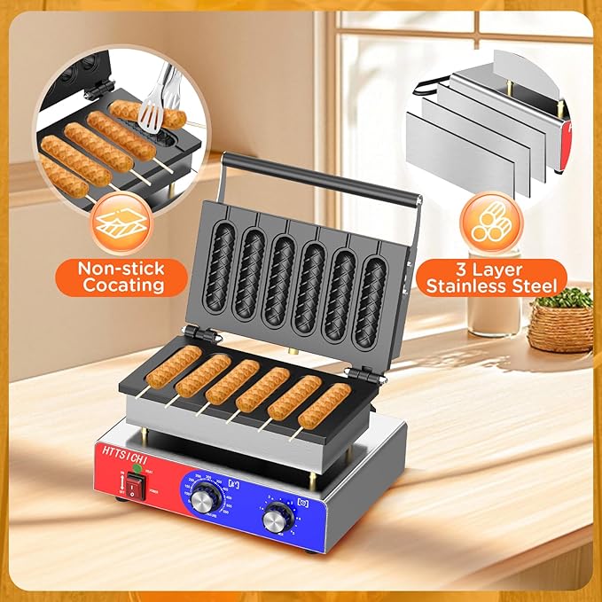 Waffle Stick Maker -Commercial Corn Dog Maker w/Non-stick Baking Pans, 550 ℉ Temperature and Timer, 1550W Corndog Maker Machine for Double Baking, 110V Waffle Stick Maker Machine for Hotel