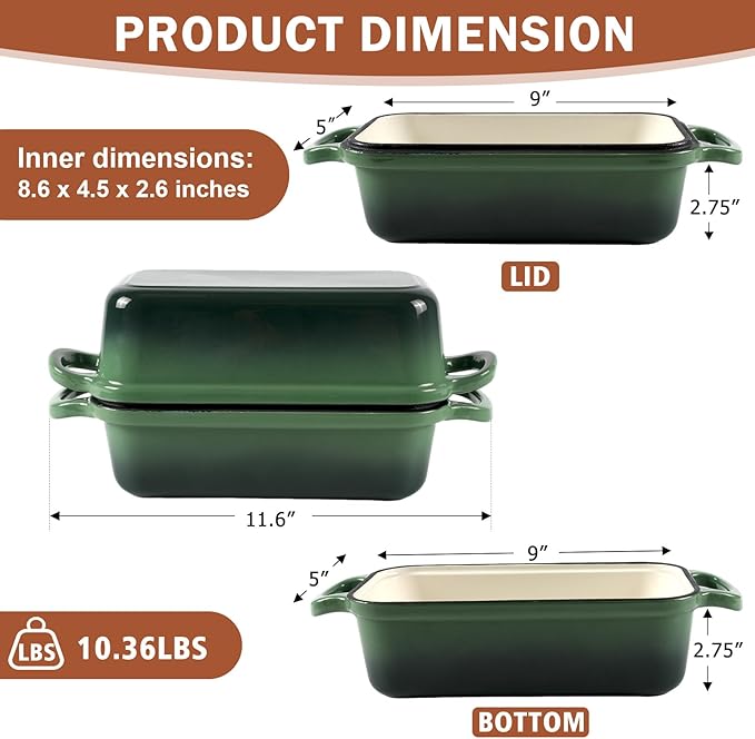 9 x 5 Inch Bread Pan Enameled Cast Iron Loaf Pan with Lid for Baking, 2 in 1 Non-stick Sourdough Bread Loaf Pan for Homemade Bread, Oven & Stovetop Safe for Gas, Electric & Induction, Green