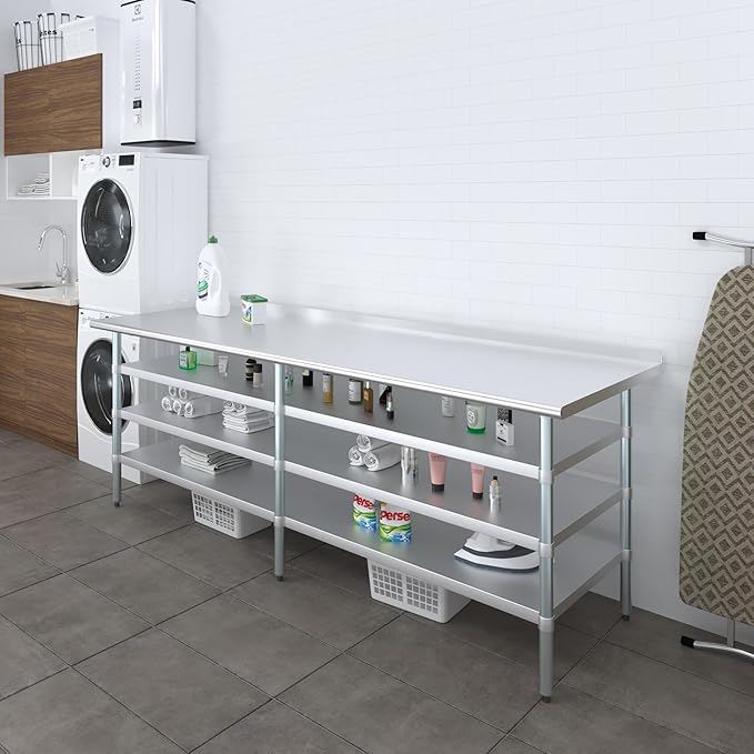 AmGood Stainless Steel Work Table with 1.5" Backsplash and 3 Shelves | Metal Kitchen Food Prep Table | NSF (96" Long x 30" Deep)