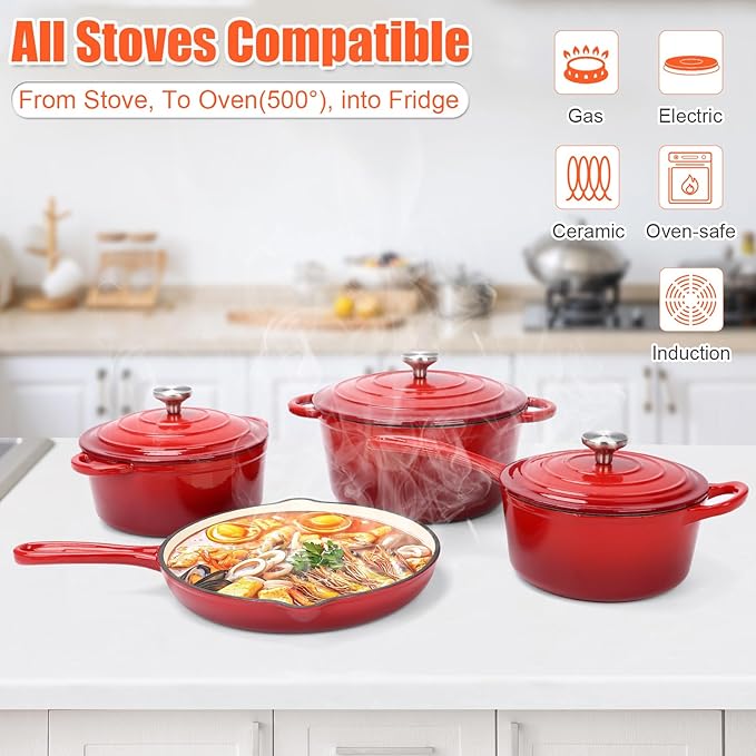 QuliMetal Nonstick Enameled Cast Iron Cookware Set, 7-Pcs Pots and Pans with Lid, Frying Pan Skillet, Sauce Pan, Healthy Round Dutch Oven Pot for Sourdough Bread Baking on All Stovetop, Rouge Red