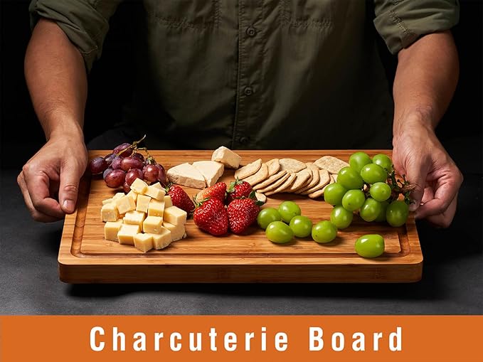 Bamboo Cutting Boards for Kitchen, Extra Thick Wood Butcher Block, Heavy Duty Wooden Chopping Block, Charcuterie Boards & Cheese Platter, 14"x10"x0.9"