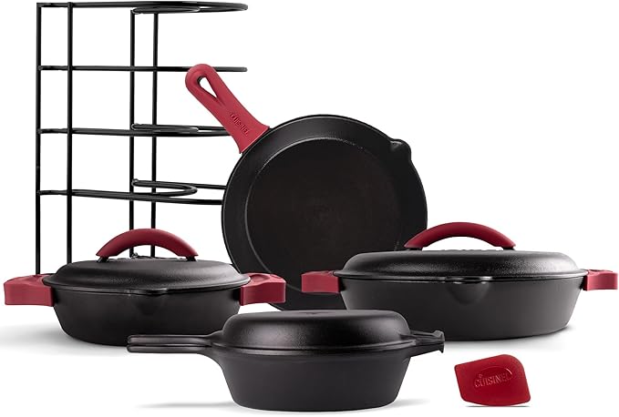 Cuisinel Cast Iron 16-Piece Pre-Seasoned Cookware Set - 8" + 12" Braiser Pans + Cast Iron Lids + 10" Skillet + 2-in-1 Multi-Cooker + 12" Organizer + Scraper + Silicone Handle Covers - Fire, Oven Safe