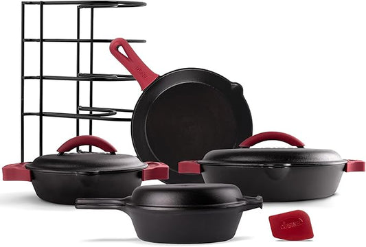 Cuisinel Cast Iron 16-Piece Pre-Seasoned Cookware Set - 8" + 12" Braiser Pans + Cast Iron Lids + 10" Skillet + 2-in-1 Multi-Cooker + 12" Organizer + Scraper + Silicone Handle Covers - Fire, Oven Safe