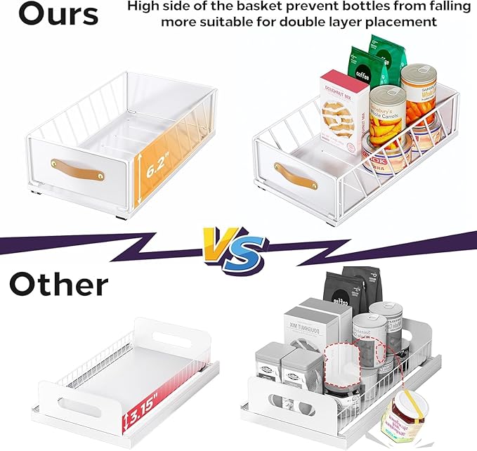 Pull out Cabinet Organizer Fixed with Adhesive Nano Film,Heavy Duty Slide out Pantry Shelves Drawer Storage,Sliding Mesh Basket with Handle for Kitchen, Bathroom,Home, 11.8W"X 15.7D"X6.2"H(2PCS)