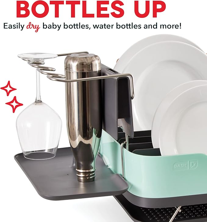 DASH SmartStore™ Full Size Dish Rack – Plates, Cups, Utensil Holder, Knife Slot, Drainage Spout + Drying Mat – Aqua