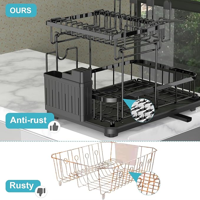 2 Tier Dish Drying Rack with Drainboard, Large Dish Organizer and Strainer Set for Kitchen Counter with Mat, Wine Glass Holder and Utensil Holder