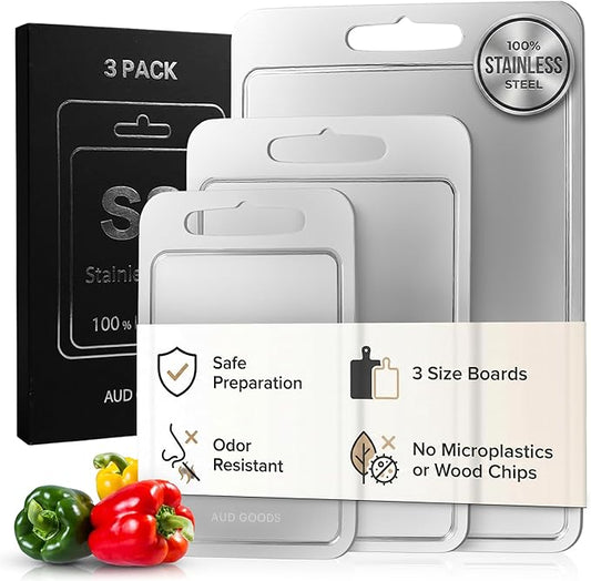 Stainless Steel Cutting Boards For Kitchen - Stainless Steel Cutting Board with Juice Grooves, Double Sided, 3 Pack Sizes, Durable and Clean Chopping Boards for Home or Professional Use