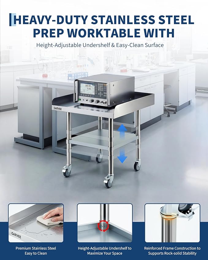 Garvee Stainless Steel Work Table, 24x24x26 Inch Commercial Food Prep Worktable with Wheels, Fixed 3-Sided Backsplash & Height-Adjustable Shelf, Heavy Duty Workbench for Kitchen Restaurant Garage