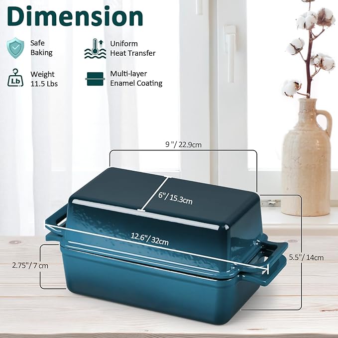Leonyo 2 Pack Cast Iron Bread Pan with Lid, 2-in-1 Enameled Cast Iron Loaf Pan, 9 x 5 inch Sourdough Baking Pan, Homemade Bread Dutch Oven for Pound Cake, Lasagna, Up to 500℉ & Blackish Green