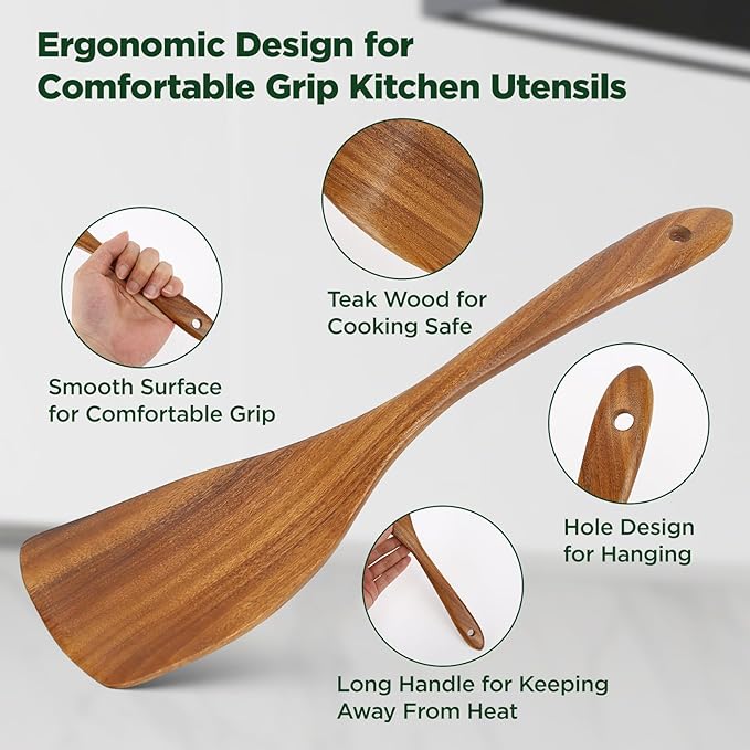 ANBUY Wooden Spoons for Cooking, 6Pcs Kitchen Utensils Set, Heat Resistant Flat Spatulas and Spoons Set for Nonstick Cookware, Smooth Finish, Comfortable Grip(6 Pcs)