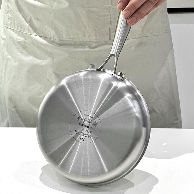 Tri-ply Stainless Steel Frying Pan 8 Inch Small Skillet for Chef's Cooking Pan Induction Oven Dishwasher Safe, Compatible with All Cooktops Up to 600℉ with Kitchen Tongs(Detachable Handle)