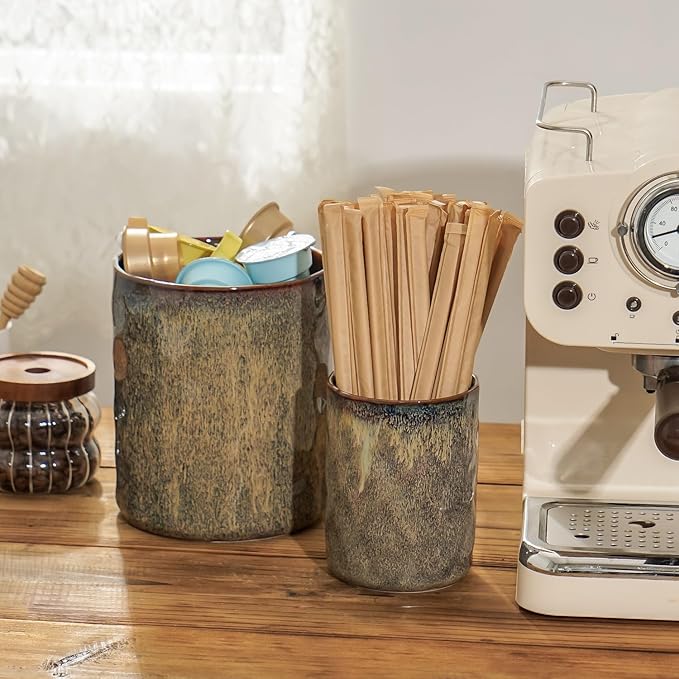 Utensil Holder, 7.25"+5.25" Ceramic Kitchen Utensil Holder for Countertop, Large Cooking Utensil Crocks Gift for Mother's Day, Home Kitchen Decor, Parties,Set of 2, Caramel Brown