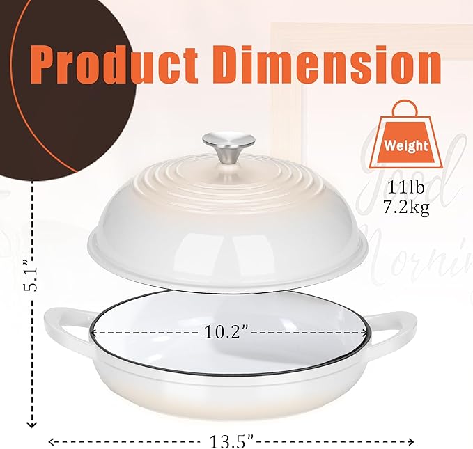 Enameled Round Cast Iron Bread Oven, 6 Qt Cast Iron Dutch Oven for Homemade Sourdough Bread Baking, Bread Pot with Dome Lid (White)