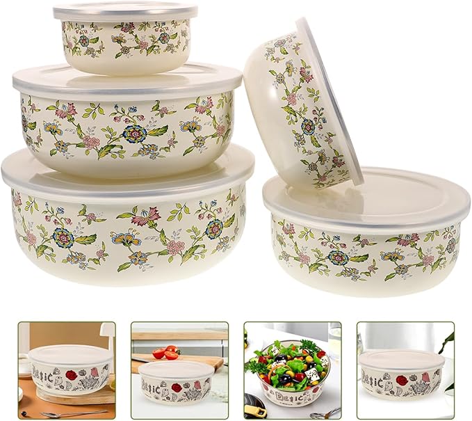 Cabilock 5pcs Enamel Bowls with Lids Mixing Bowls- Vintage Soup Bowl Storage Bowls Set Floral Design for Fruit Salad Pasta Dinner Kitchen