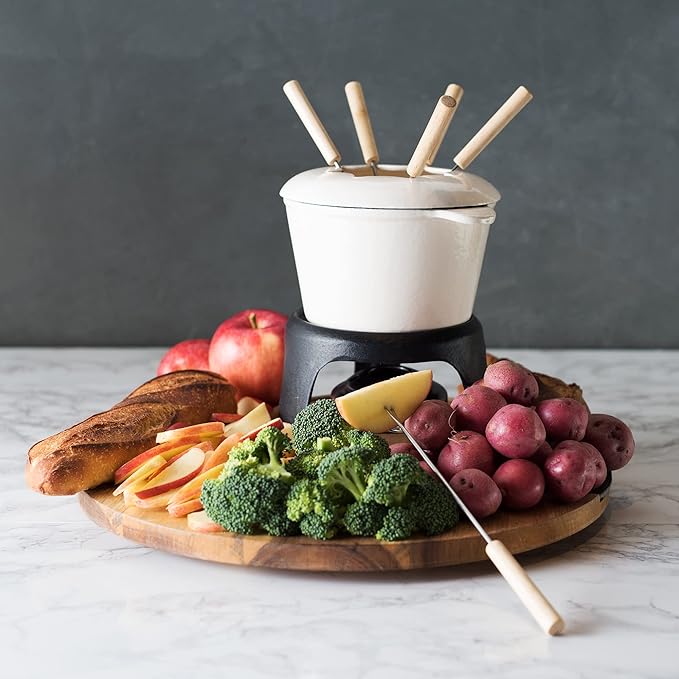 Twine Cast Iron Fondue Set with Metal Stand and Forks, Chocolate Melting Pot, Cheese Fondue Kit Set, Hosting Essentials 8.5", Off-Cream