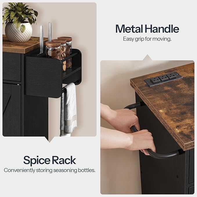 HOOBRO Kitchen Island on Wheels, Rolling Kitchen Island with Power Outlet, Island Table with Storage Cabinet, 2 Drawers, Spice Rack and Towel Rack, Black and Rustic Brown BF14UZD01