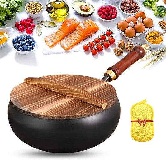 Uncoated Thick Iron Pot, Japanese Iron Pan for Cooking, Uncoating Cast Iron Pot, Hand-Forged Non-Stick Cast Iron Skillet, High Purity Frying Pans for Kitchen (Hammer-Wood Cover, M-24cm)
