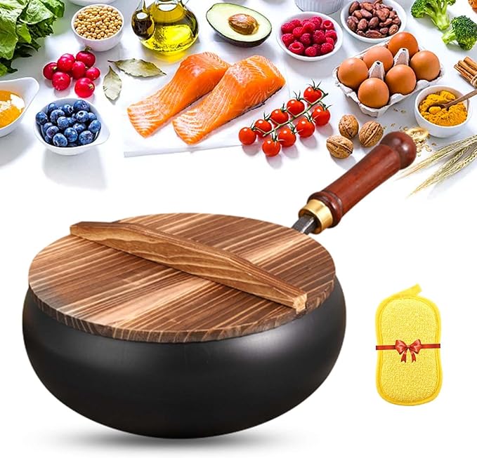 Uncoated Thick Iron Pot, Japanese Iron Pan for Cooking, Uncoating Cast Iron Pot, Hand-Forged Non-Stick Cast Iron Skillet, High Purity Frying Pans for Kitchen (Smooth-Wood Cover, M-24cm)