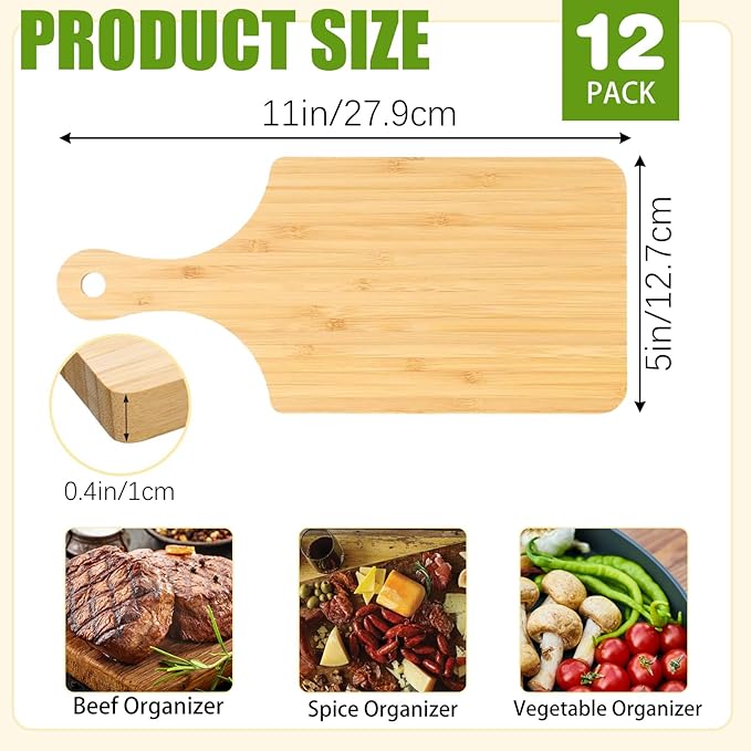 12 Pcs Thicken Bamboo Wooden Cutting Board with Handle,11x5 Inch Hanging Charcuterie Boards Unfinished Wood Cutting Board Blanks Bulk for Crafts,Laser Engraving Wedding Mother's Day Housewarming Gift
