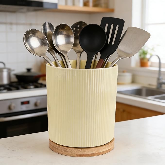QUELIEN 360° Rotating Ceramic Utensil Crock - Large Kitchen Counter Organizer with Cork Base, Elegant Home Decor for Cooking Tools, Housewarming,Mothers Day & Christmas Gift Ideas (Cream Yellow)