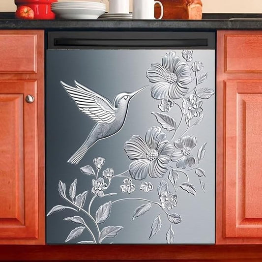 Dishwasher Magnet Cover, Stainless Steel Hummingbird and Flowers Pattern Refrigerator Magnetic Vinyl Sticker for Dishwasher Door, Decorative Kitchen Appliance Panel Decal, 23Wx26H Inches