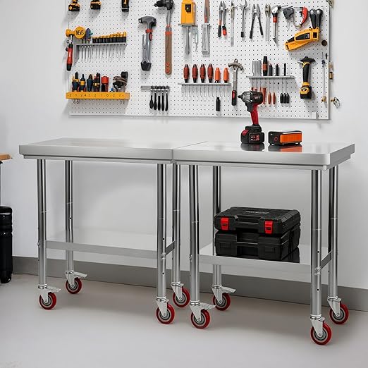 VEVOR Stainless Steel Table, 24 x 30 Inches Food Prep Worktable with Wheels, Kitchen Prep Table with Adjustable Undershelf Workstations for Commercial Kitchen, Restaurant, Hotel and Garage, Outdoor