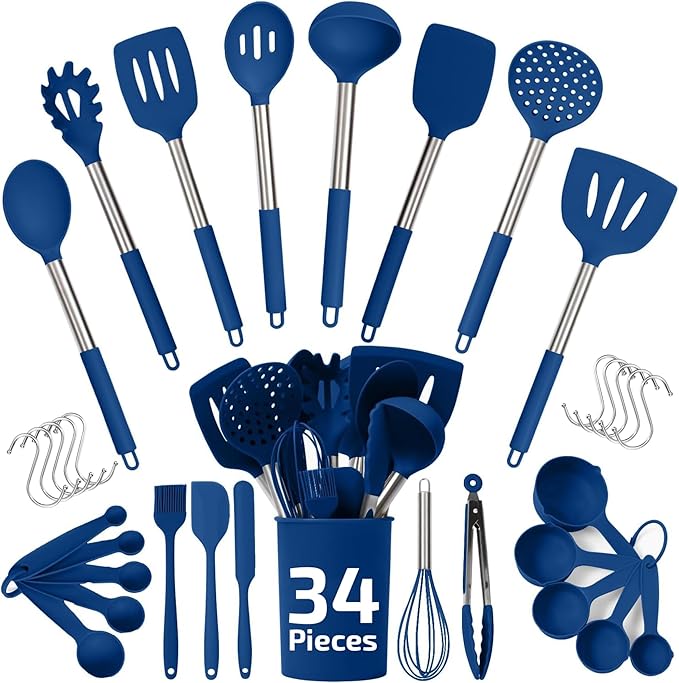 Silicone Kitchen Utensils Set 34 Pieces 450 °F Heat Resistant - Blue Cooking Utensils-Set for Nonstick Cookware - Silicone Spatulas Set, Stainless Steel Handle & Other Kitchen accessories