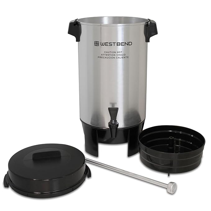 West Bend Coffee Urn Highly-Polished Aluminum Features Automatic Temperature Control with Cup Per Minute Brewing and Easy Clean Up Includes In-Basket Measuring Guide and Ready Light, 42-Cup, Silver