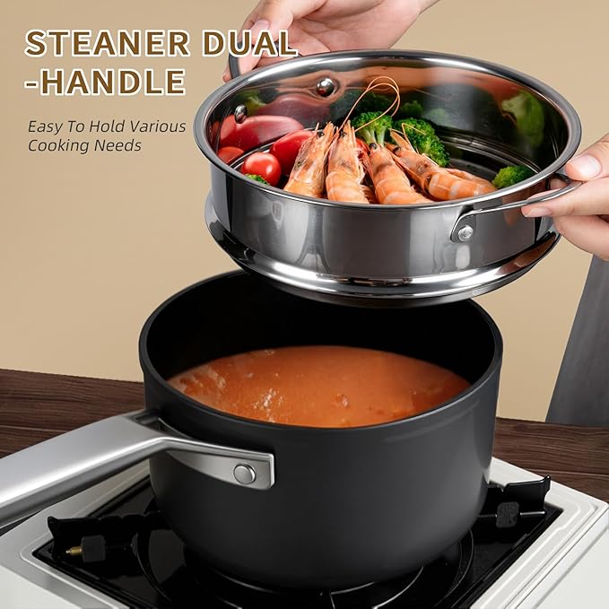 MSMK 2 Quart Saucepan with lid, Small Saucepan with Steamer Non stick, Induction, Scratch-resistant, Small Cooking Pot (2QT)