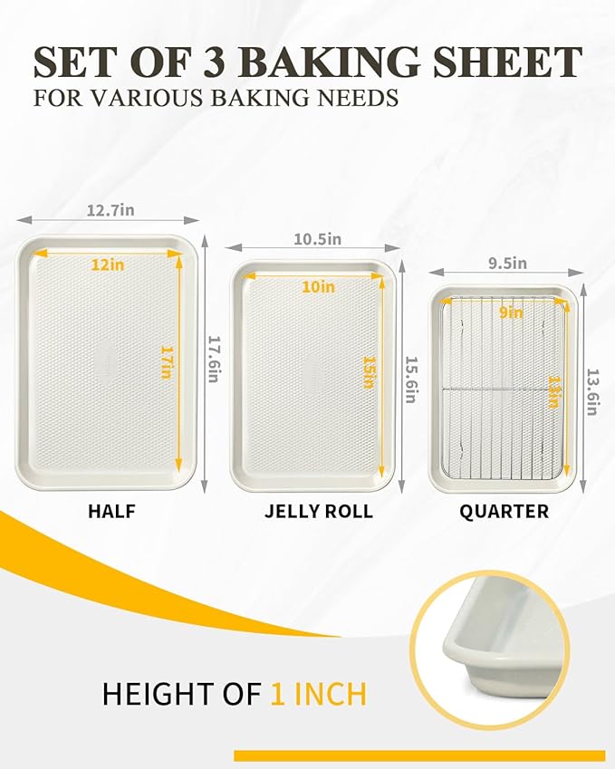 3-Piece Baking Sheet Set with Wire Rack - Half/Quarter/Jelly Roll Pans (12x17/9x13/10x15 Inch), Nonstick 0.8mm Carbon Steel, Cookie Sheets for Baking, Dishwasher Safe, Oven Safe 450°F