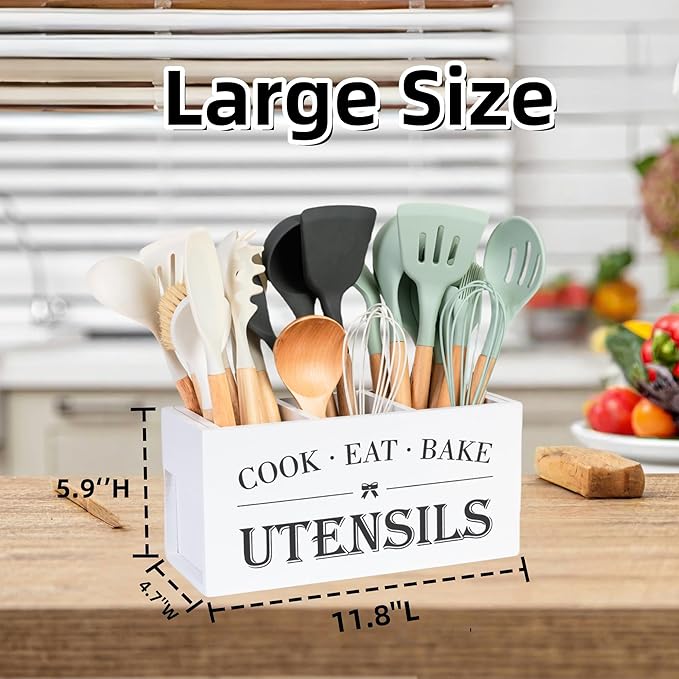 Utensil Holder,Large Wooden Utensil Holder For Kitchen Counter,Cooking Spatula Organizer,Big Storage Caddy With 3 Compartments Flatware Spoon Tool Cutlery (White)