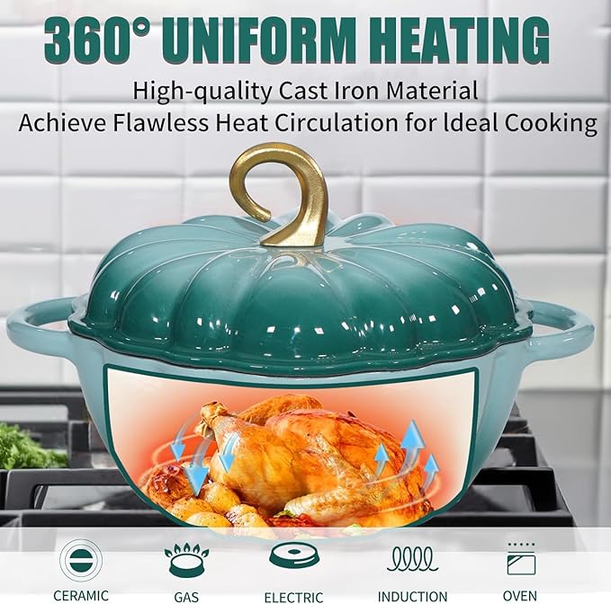 Pumpkin Enameled Cast Iron Dutch Oven with Lid, 4.5 QT Dual Handles and Heavy Duty Pot, Oven Safe up to 500°F for Bread Baking, Braising, Cooking and Family Gifts, Cyan