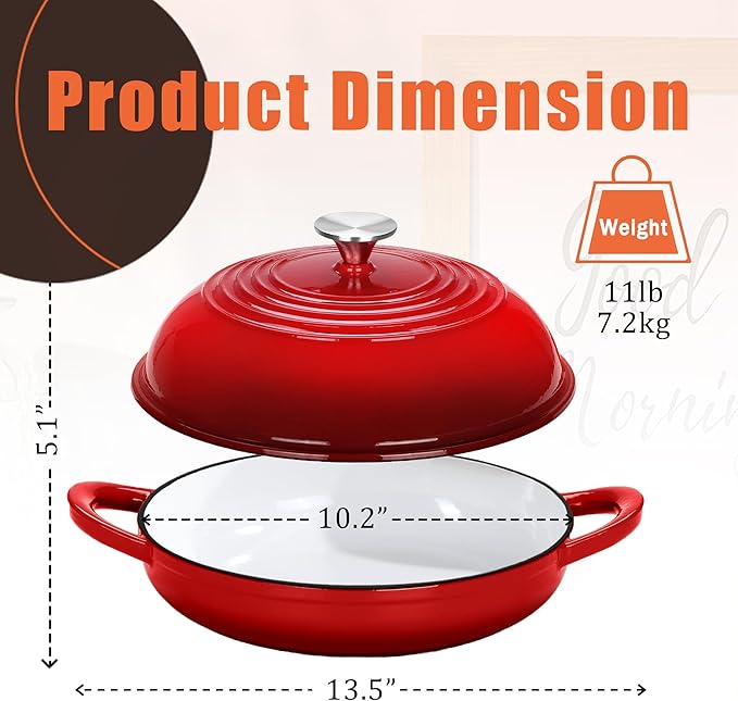 Enameled Round Cast Iron Bread Oven, 6 Qt Cast Iron Dutch Oven for Homemade Sourdough Bread Baking, Bread Pot with Dome Lid (Red)