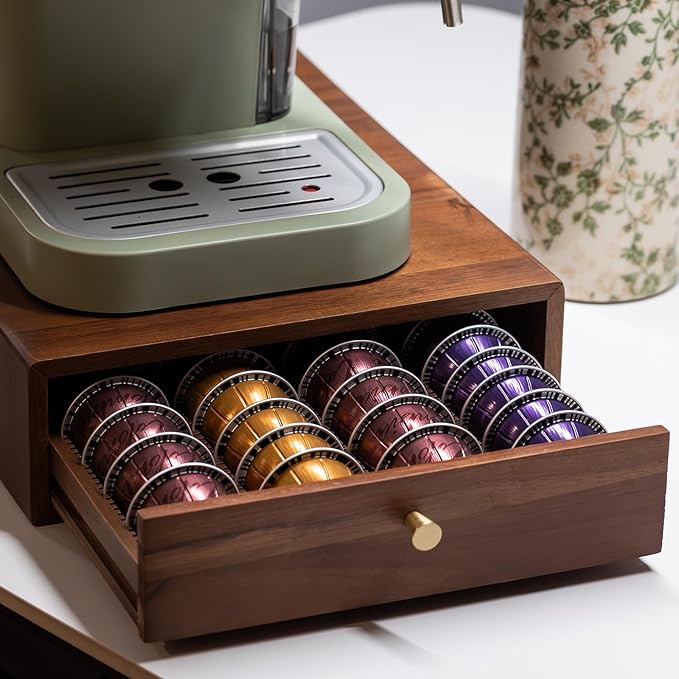 Acacia Wood Coffee Pod Drawer Compatible with Nespresso Vertuo, Pods Holder, Pod Organizer Tray, Storage, Stand, Container, Capsule Holder for Coffee Bar Countertop, 40 Big or 60 Small Pods Capacity