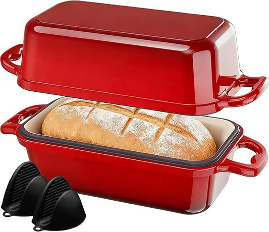 Enameled Cast Iron Dutch Oven for Sourdough Bread Baking, 9 x 5Inch Oval Cast Iron Bread Pan with Lid, 2PCS Dutch Oven for Homemade Sourdough Baking, Meatloaf Pan, Oven Safe, Red