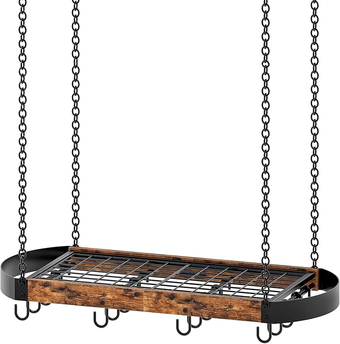 31.7-Inch Hanging Pot Rack, Space-Saving Pot Hanger for Kitchen, Ceiling Pan Hanging Rack with 16 Detachable S Hooks, Sturdy Metal Frame, Industrial Style, Rustic Brown and Black TPR09BF