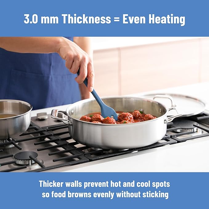 Misen 5-Ply Stainless Steel 6QT Rondeau – Wide, Flat Cooking Surface - Even Heating, Perfect Searing - Durable, Versatile Cookware – Oven-Safe to 800F, Induction Compatible
