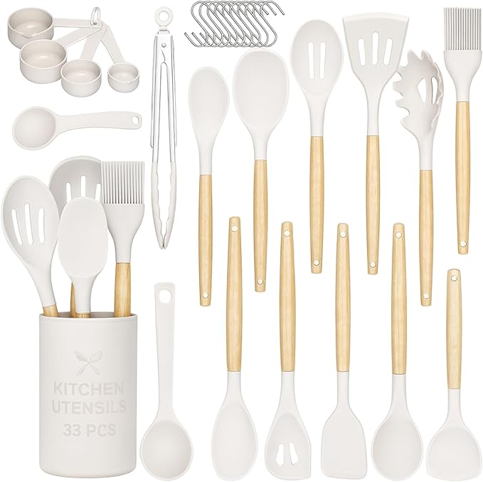 33-Piece Silicone Kitchen Cooking Utensils Set with Large Holder | Food Grade- Heat-Resistant,Non-Stick Cooking Utensils with Wooden Handles | BPA-Free Kitchen Tools for Nonstick Cookware for Gifting