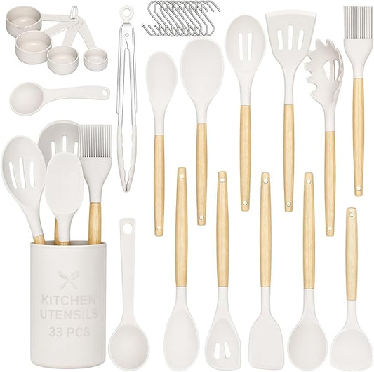 33-Piece Silicone Kitchen Cooking Utensils Set with Large Holder | Food Grade- Heat-Resistant,Non-Stick Cooking Utensils with Wooden Handles | BPA-Free Kitchen Tools for Nonstick Cookware for Gifting