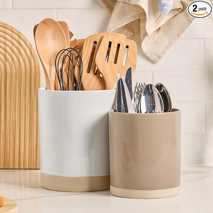 famiware Milkyway Kitchen Utensil Holder for Countertop, Ceramic Cooking Utensil Crocks for Kitchen Counter, Utensil Organizer for Spatula & Spoon, Set of 2, White and Cinnamon Brown