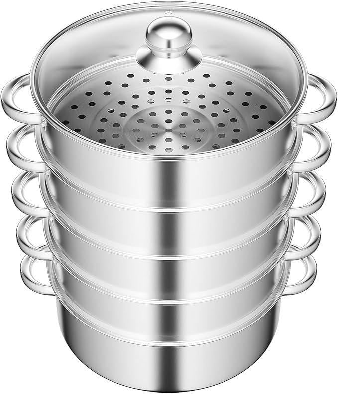 5-Tier Stainless Steel Steamer Stackable, 11 Inch Large Capacity Steamer Pot with Lid, Fast Even Cooking for Dumplings, Vegetables, Fish, Poultry, Compatible with Gas, Induction, Electric Stovetop