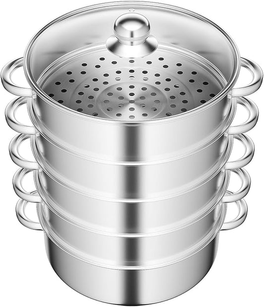 5 Tier Stainless Steel Steam Cooker Steamer Set Pan Cook Pot with Glass Lid USA