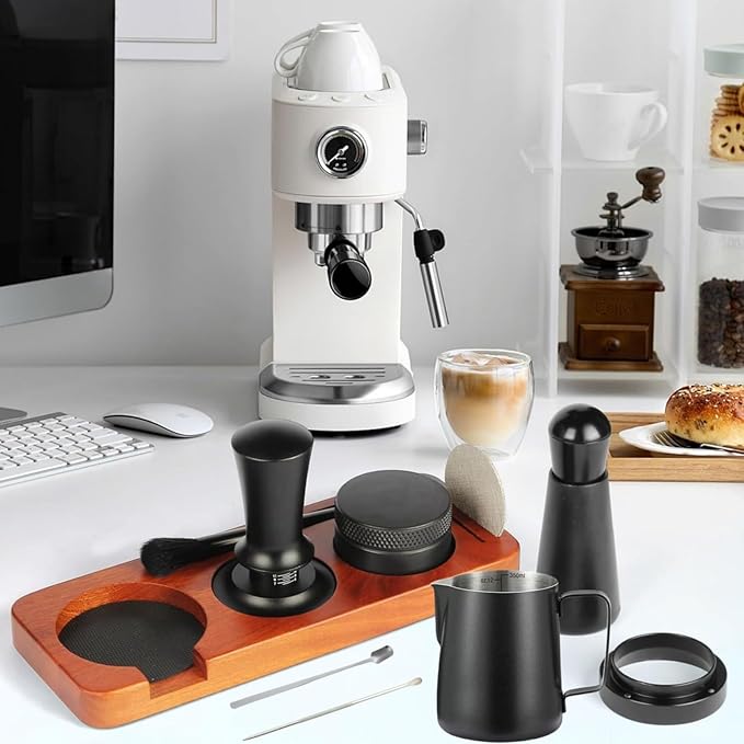 51mm Espresso Accessories 10 PCS - WDT Tool Kit， Coffee Tamper with Wood Espresso Tamping Station， Frothing Pitcher, Distributor, Stirrer, Dosing Funnel, Brush, Puck Screen， Latte Art Pen